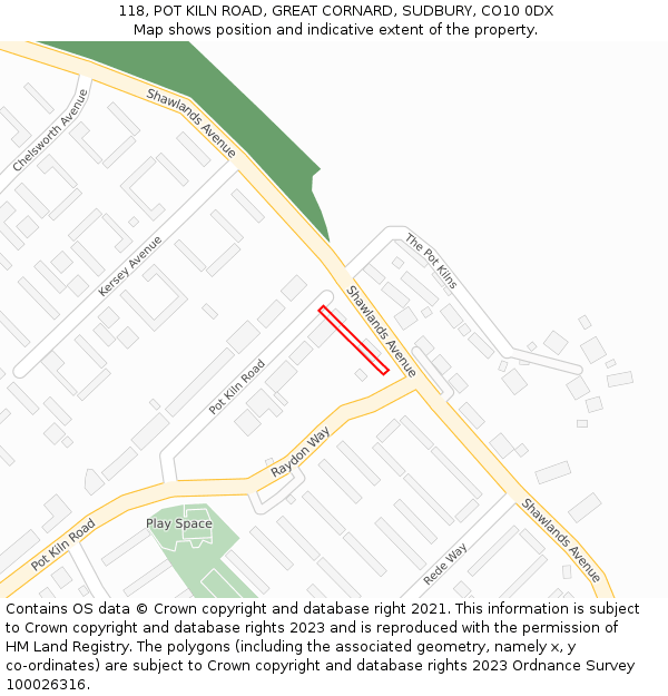 118, POT KILN ROAD, GREAT CORNARD, SUDBURY, CO10 0DX: Location map and indicative extent of plot