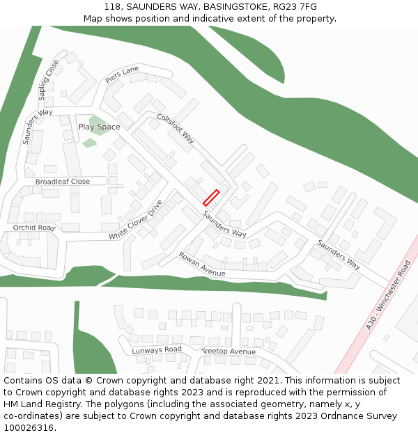 118, SAUNDERS WAY, BASINGSTOKE, RG23 7FG: Location map and indicative extent of plot