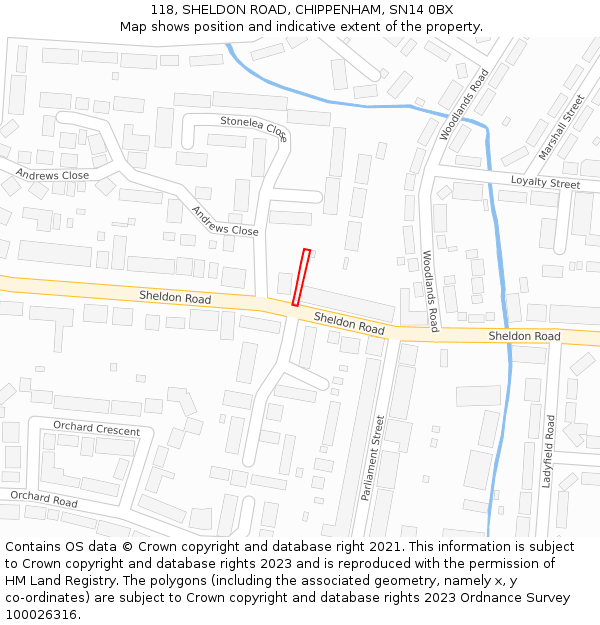118, SHELDON ROAD, CHIPPENHAM, SN14 0BX: Location map and indicative extent of plot