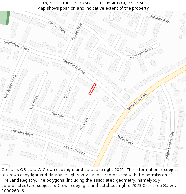 118, SOUTHFIELDS ROAD, LITTLEHAMPTON, BN17 6PD: Location map and indicative extent of plot