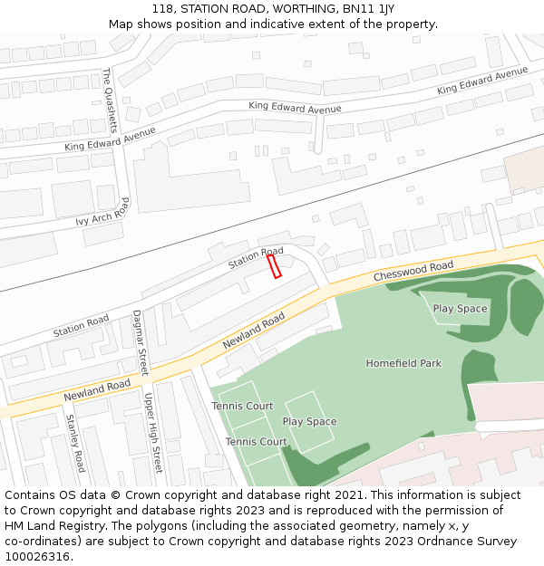 118, STATION ROAD, WORTHING, BN11 1JY: Location map and indicative extent of plot