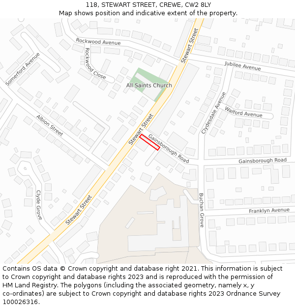 118, STEWART STREET, CREWE, CW2 8LY: Location map and indicative extent of plot