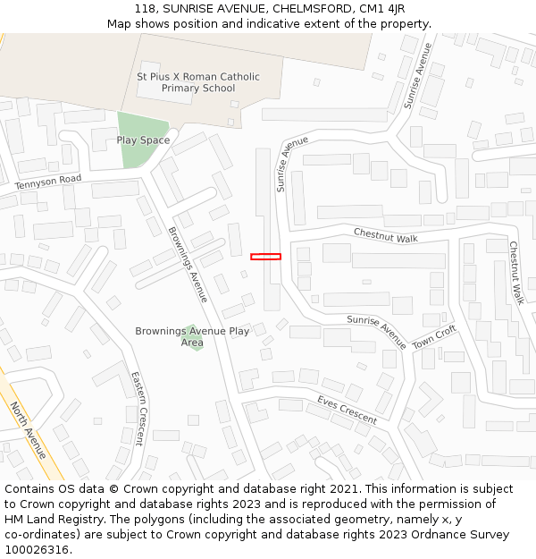 118, SUNRISE AVENUE, CHELMSFORD, CM1 4JR: Location map and indicative extent of plot