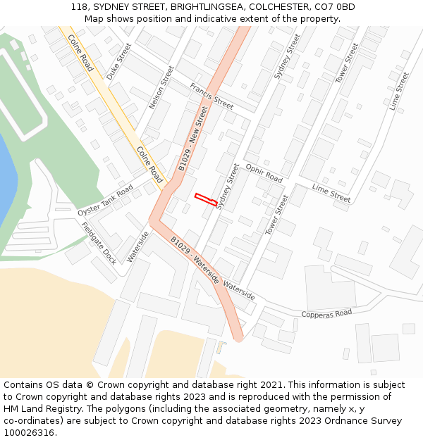 118, SYDNEY STREET, BRIGHTLINGSEA, COLCHESTER, CO7 0BD: Location map and indicative extent of plot
