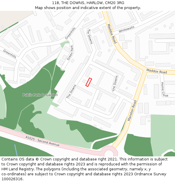 118, THE DOWNS, HARLOW, CM20 3RG: Location map and indicative extent of plot