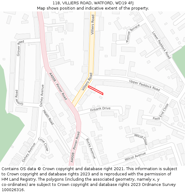 118, VILLIERS ROAD, WATFORD, WD19 4FJ: Location map and indicative extent of plot