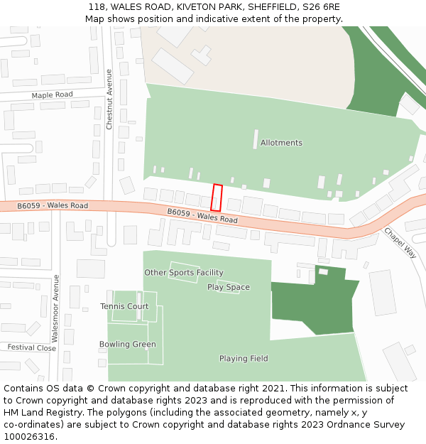 118, WALES ROAD, KIVETON PARK, SHEFFIELD, S26 6RE: Location map and indicative extent of plot
