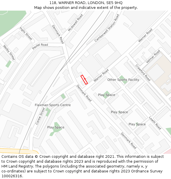 118, WARNER ROAD, LONDON, SE5 9HQ: Location map and indicative extent of plot