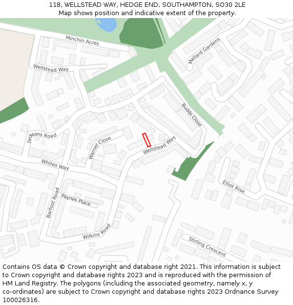 118, WELLSTEAD WAY, HEDGE END, SOUTHAMPTON, SO30 2LE: Location map and indicative extent of plot