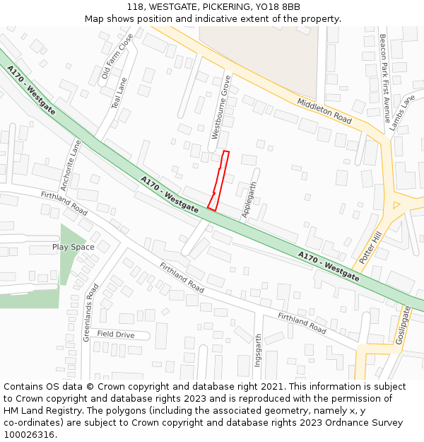 118, WESTGATE, PICKERING, YO18 8BB: Location map and indicative extent of plot