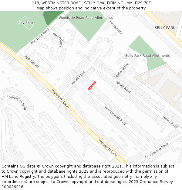 118, WESTMINSTER ROAD, SELLY OAK, BIRMINGHAM, B29 7RS: Location map and indicative extent of plot