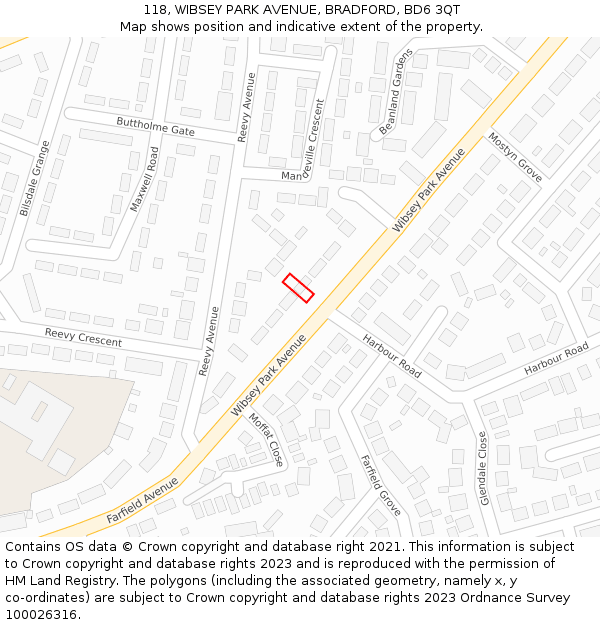 118, WIBSEY PARK AVENUE, BRADFORD, BD6 3QT: Location map and indicative extent of plot