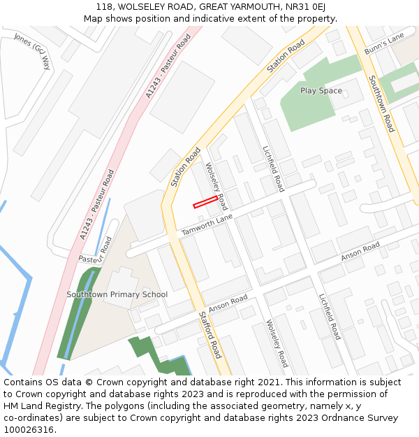 118, WOLSELEY ROAD, GREAT YARMOUTH, NR31 0EJ: Location map and indicative extent of plot
