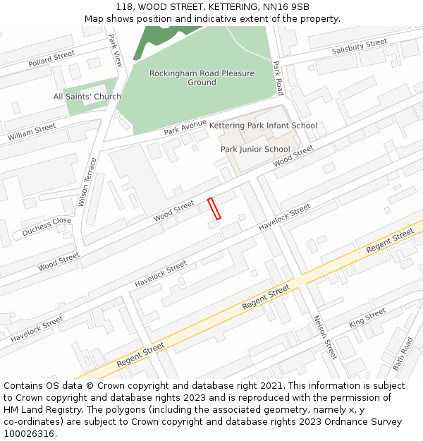118, WOOD STREET, KETTERING, NN16 9SB: Location map and indicative extent of plot