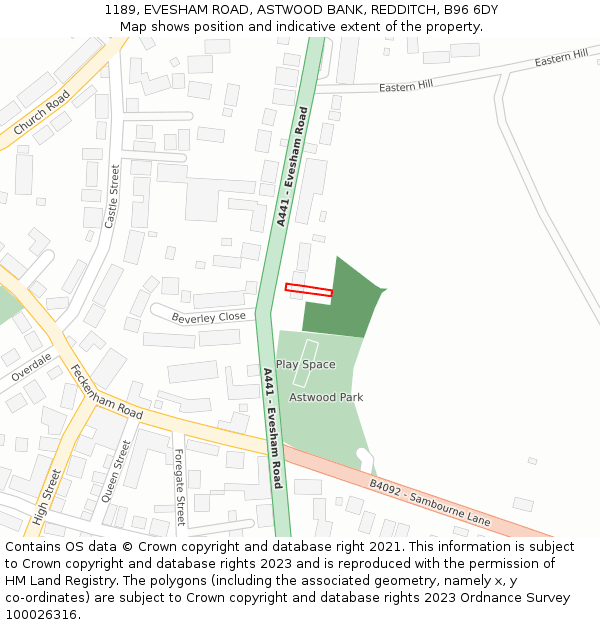 1189, EVESHAM ROAD, ASTWOOD BANK, REDDITCH, B96 6DY: Location map and indicative extent of plot