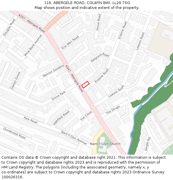 119, ABERGELE ROAD, COLWYN BAY, LL29 7SG: Location map and indicative extent of plot
