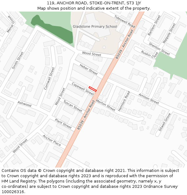 119, ANCHOR ROAD, STOKE-ON-TRENT, ST3 1JY: Location map and indicative extent of plot