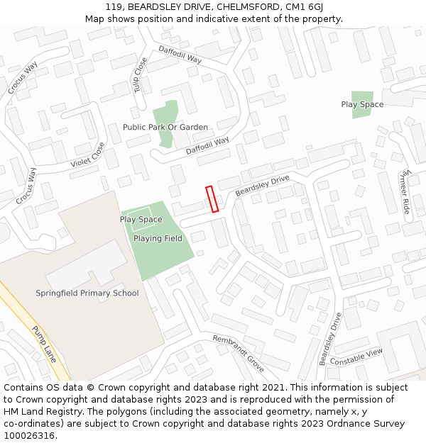 119, BEARDSLEY DRIVE, CHELMSFORD, CM1 6GJ: Location map and indicative extent of plot