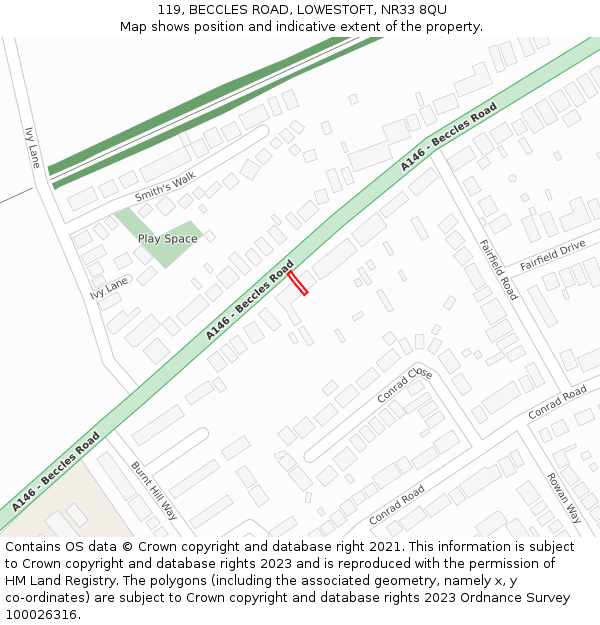 119, BECCLES ROAD, LOWESTOFT, NR33 8QU: Location map and indicative extent of plot