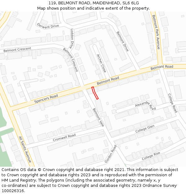 119, BELMONT ROAD, MAIDENHEAD, SL6 6LG: Location map and indicative extent of plot