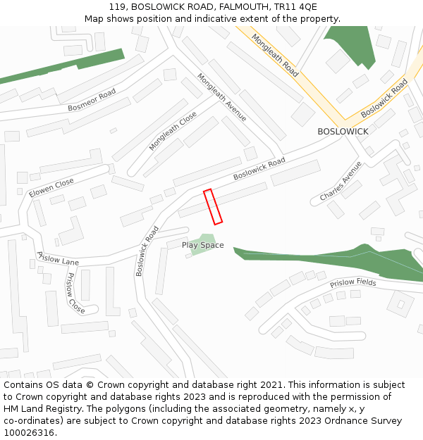 119, BOSLOWICK ROAD, FALMOUTH, TR11 4QE: Location map and indicative extent of plot