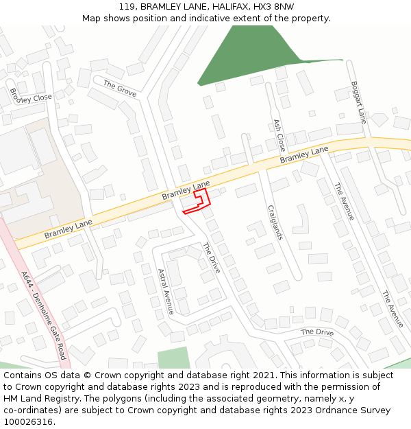 119, BRAMLEY LANE, HALIFAX, HX3 8NW: Location map and indicative extent of plot