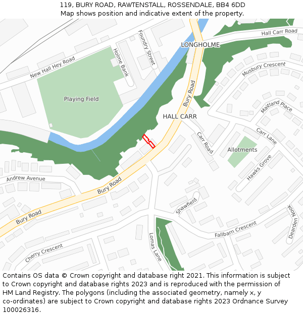 119, BURY ROAD, RAWTENSTALL, ROSSENDALE, BB4 6DD: Location map and indicative extent of plot