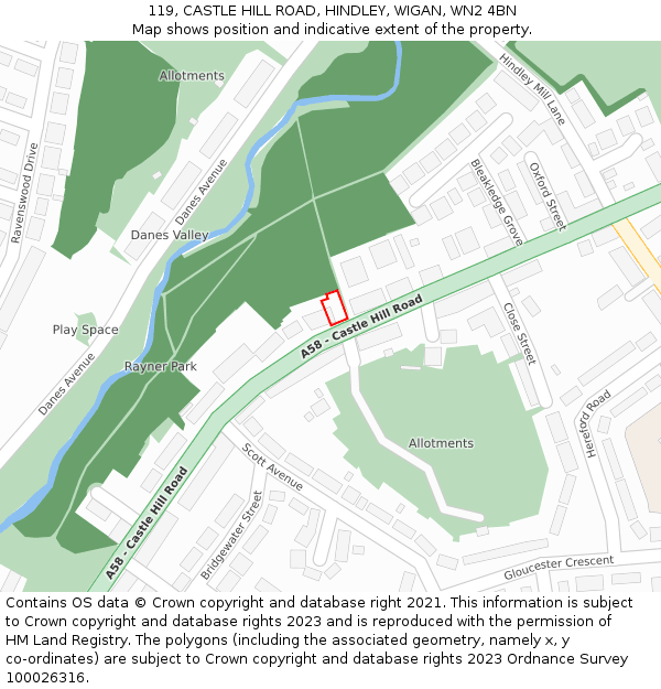 119, CASTLE HILL ROAD, HINDLEY, WIGAN, WN2 4BN: Location map and indicative extent of plot