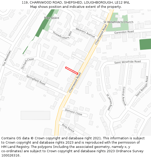 119, CHARNWOOD ROAD, SHEPSHED, LOUGHBOROUGH, LE12 9NL: Location map and indicative extent of plot
