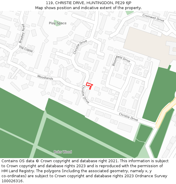 119, CHRISTIE DRIVE, HUNTINGDON, PE29 6JP: Location map and indicative extent of plot