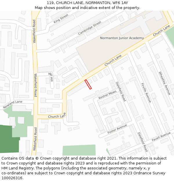 119, CHURCH LANE, NORMANTON, WF6 1AY: Location map and indicative extent of plot