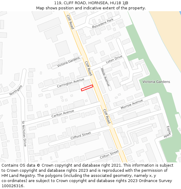 119, CLIFF ROAD, HORNSEA, HU18 1JB: Location map and indicative extent of plot