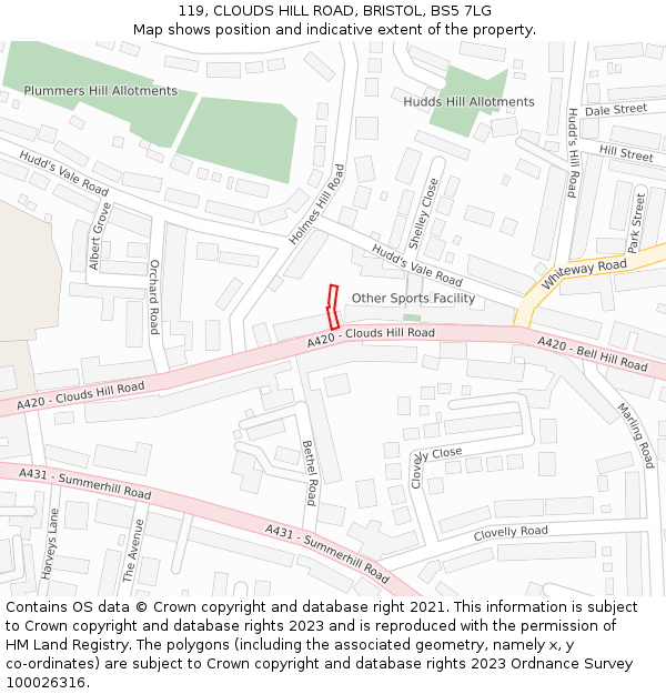 119, CLOUDS HILL ROAD, BRISTOL, BS5 7LG: Location map and indicative extent of plot