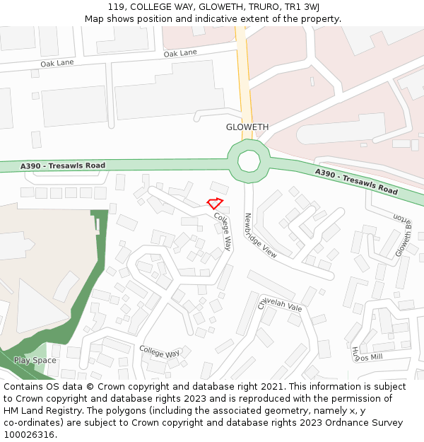 119, COLLEGE WAY, GLOWETH, TRURO, TR1 3WJ: Location map and indicative extent of plot