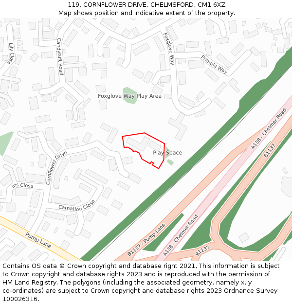 119, CORNFLOWER DRIVE, CHELMSFORD, CM1 6XZ: Location map and indicative extent of plot