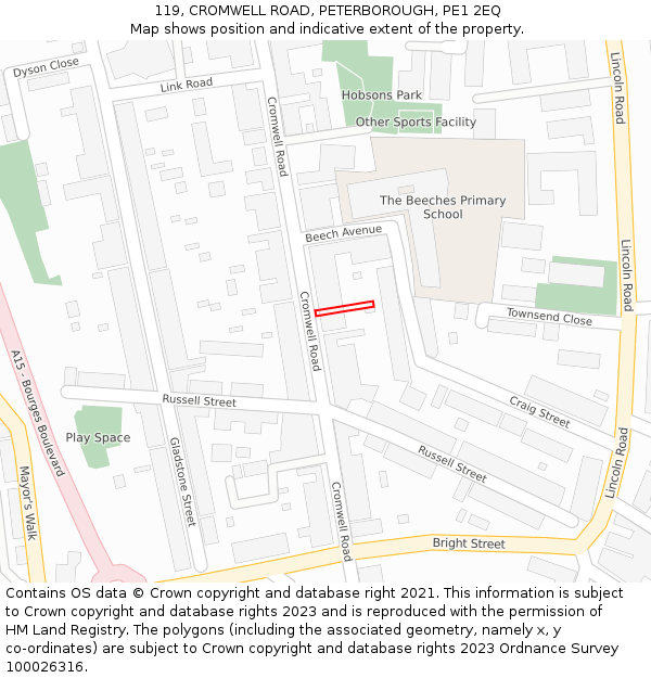 119, CROMWELL ROAD, PETERBOROUGH, PE1 2EQ: Location map and indicative extent of plot