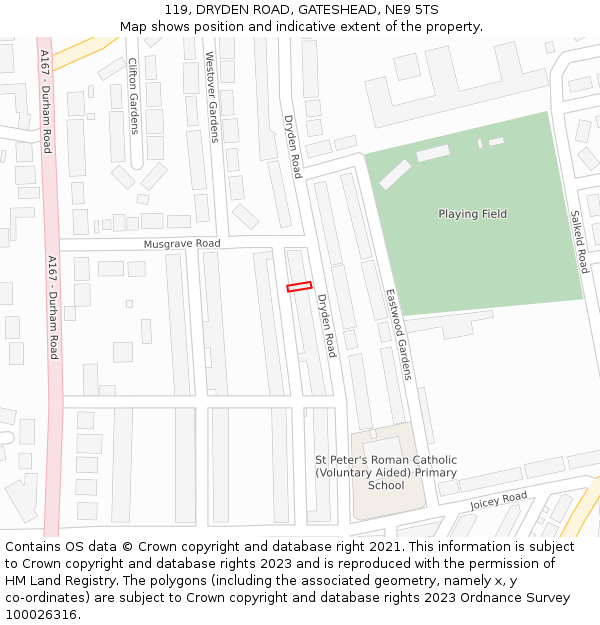 119, DRYDEN ROAD, GATESHEAD, NE9 5TS: Location map and indicative extent of plot