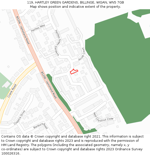 119, HARTLEY GREEN GARDENS, BILLINGE, WIGAN, WN5 7GB: Location map and indicative extent of plot
