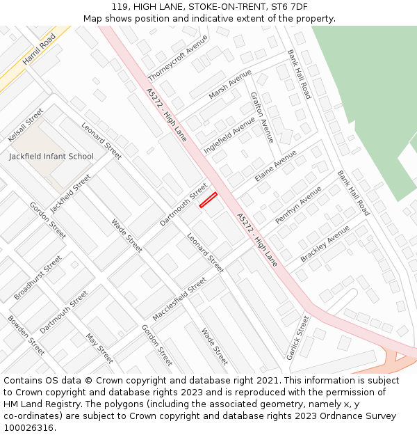 119, HIGH LANE, STOKE-ON-TRENT, ST6 7DF: Location map and indicative extent of plot
