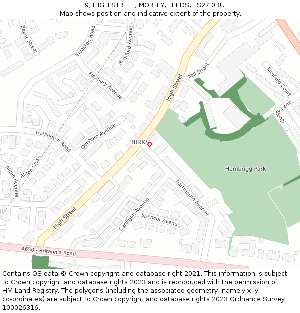 119, HIGH STREET, MORLEY, LEEDS, LS27 0BU: Location map and indicative extent of plot