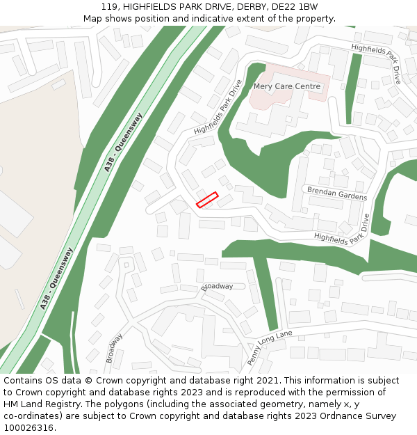 119, HIGHFIELDS PARK DRIVE, DERBY, DE22 1BW: Location map and indicative extent of plot