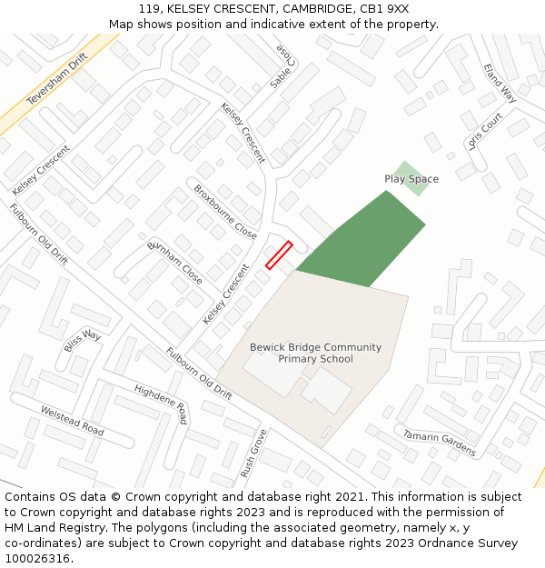 119, KELSEY CRESCENT, CAMBRIDGE, CB1 9XX: Location map and indicative extent of plot