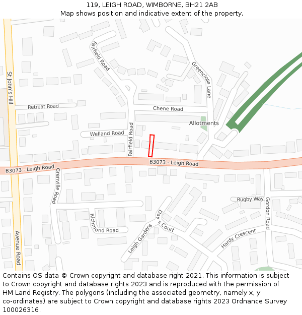119, LEIGH ROAD, WIMBORNE, BH21 2AB: Location map and indicative extent of plot