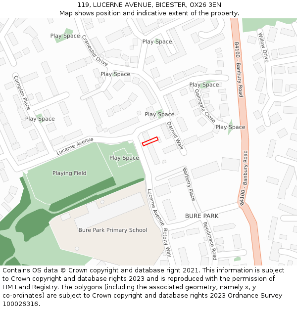 119, LUCERNE AVENUE, BICESTER, OX26 3EN: Location map and indicative extent of plot
