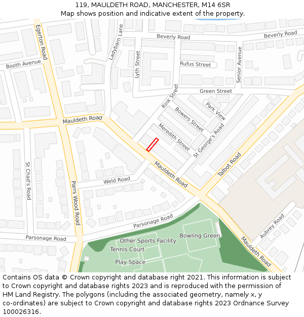 119, MAULDETH ROAD, MANCHESTER, M14 6SR: Location map and indicative extent of plot