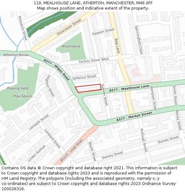 119, MEALHOUSE LANE, ATHERTON, MANCHESTER, M46 0FF: Location map and indicative extent of plot