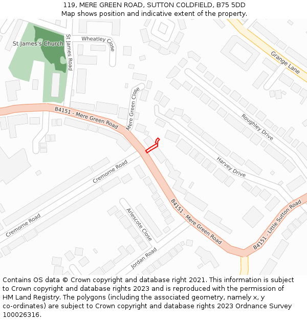 119, MERE GREEN ROAD, SUTTON COLDFIELD, B75 5DD: Location map and indicative extent of plot