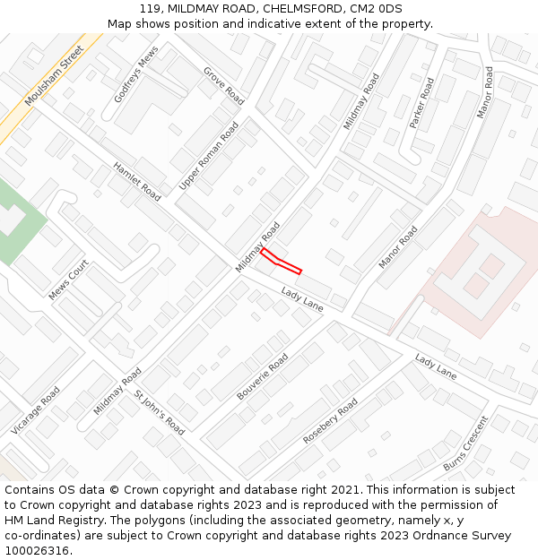 119, MILDMAY ROAD, CHELMSFORD, CM2 0DS: Location map and indicative extent of plot