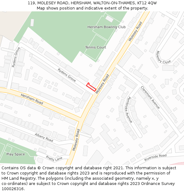 119, MOLESEY ROAD, HERSHAM, WALTON-ON-THAMES, KT12 4QW: Location map and indicative extent of plot