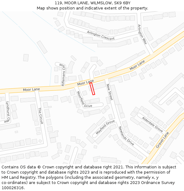 119, MOOR LANE, WILMSLOW, SK9 6BY: Location map and indicative extent of plot